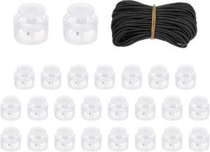 25 Pcs Double Hole Cord Locks with 32.8 ft Elastic Cord, 14mm Nylon Spring Toggle Stopper Clip for Backpack Shoelaces Drawstring Paracord Pants, Translucent