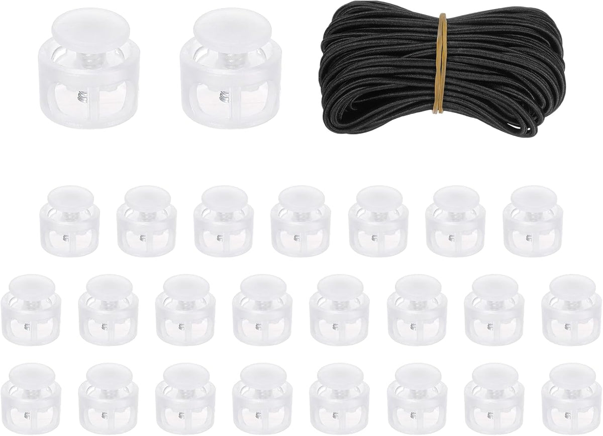 25 Pcs Double Hole Cord Locks with 32.8 ft Elastic Cord, 14mm Nylon Spring Toggle Stopper Clip for Backpack Shoelaces Drawstring Paracord Pants, Translucent