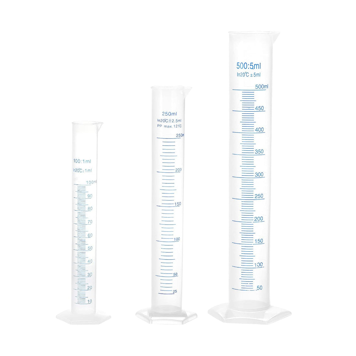 Plastic Graduated Cylinder, 100ml 250ml 500ml Measuring Cylinder, Double-Sided Metric Marking, Clear Hex Base, 3 in 1 Set