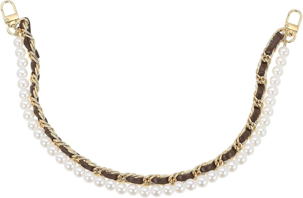LinkMejor 17.7" Pearl Purse Double Chain, Metal Purse Extender Chain, PU Leather Double Handle Wrist Chain, Purse Handbag Strap Replacement Chain, (Coffee, Gold Chain)