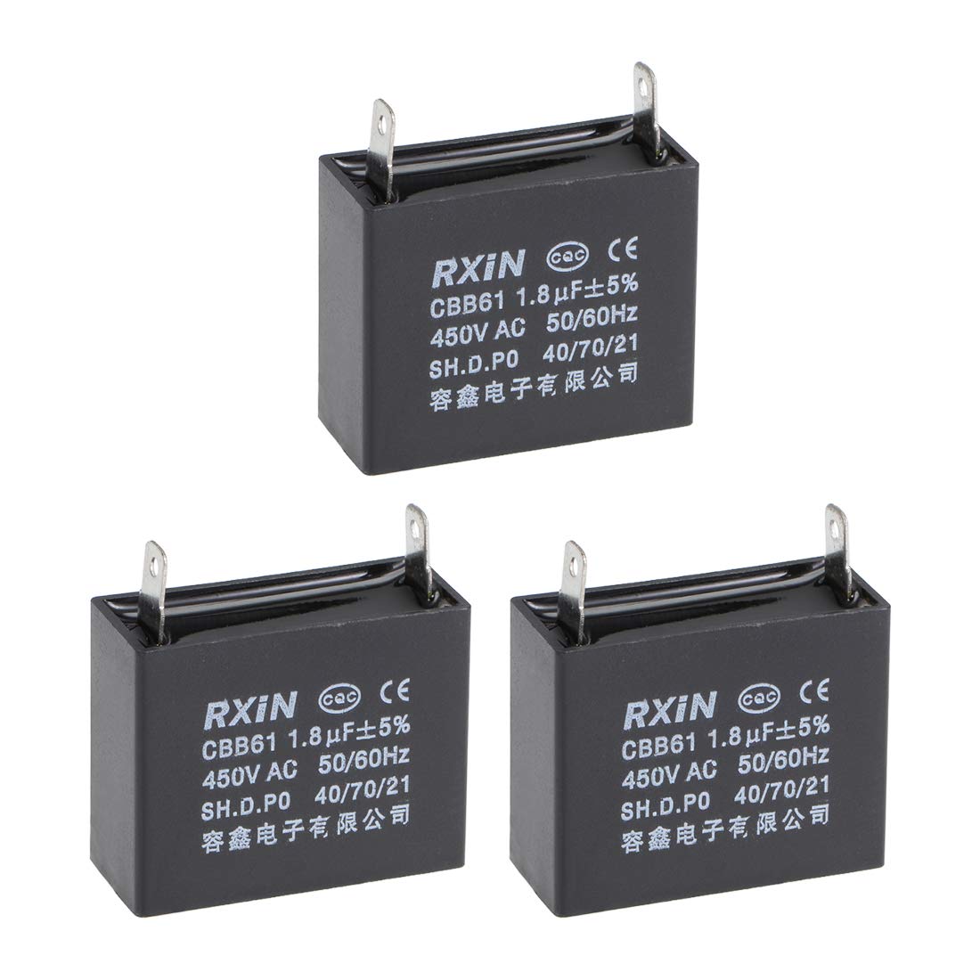 Ceiling Fan Capacitor CBB61 1.8uF 450V AC Single Insert Metalized Polypropylene Film Capacitors 38x20x30mm for Water Pump Motor Generator, Pack of 3