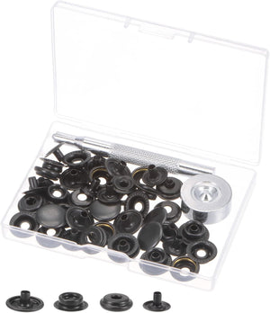 12 Sets Leather Snap Fasteners Kit 3/5 Inch 15mm Metal Press Studs Buttons with 2 Setter Tools & Storage Box for Clothing Leather Sewing Black