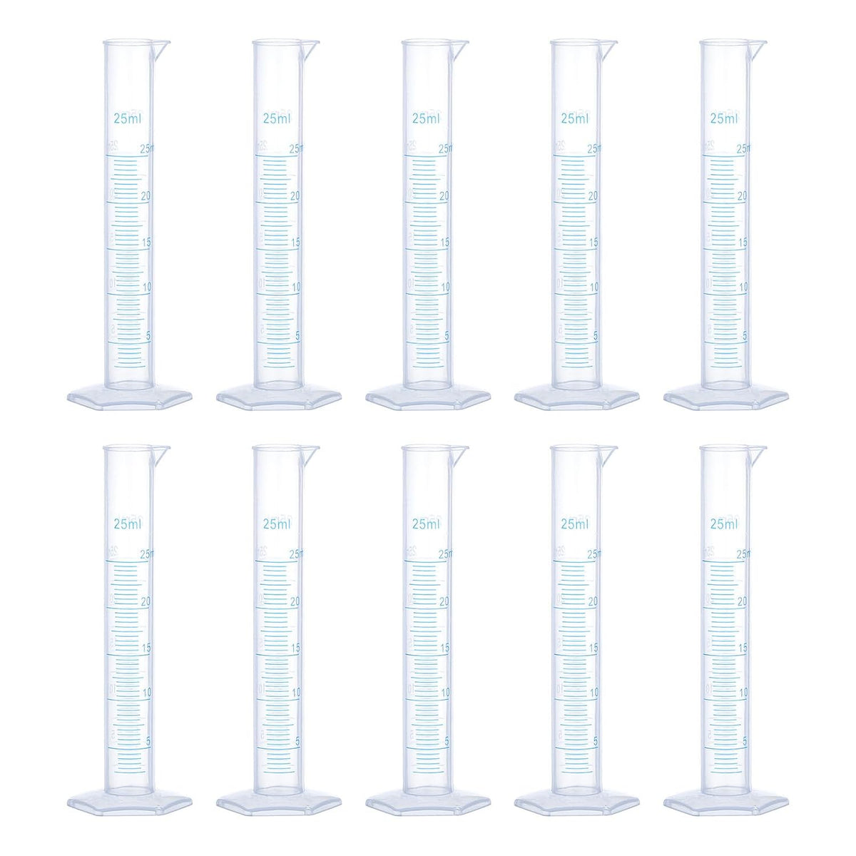 Plastic Graduated Cylinder, 25ml Measuring Cylinder, Test Tube Beakers, 2-Sided Metric Marking, Clear Hex Base for Lab Home 10Pcs