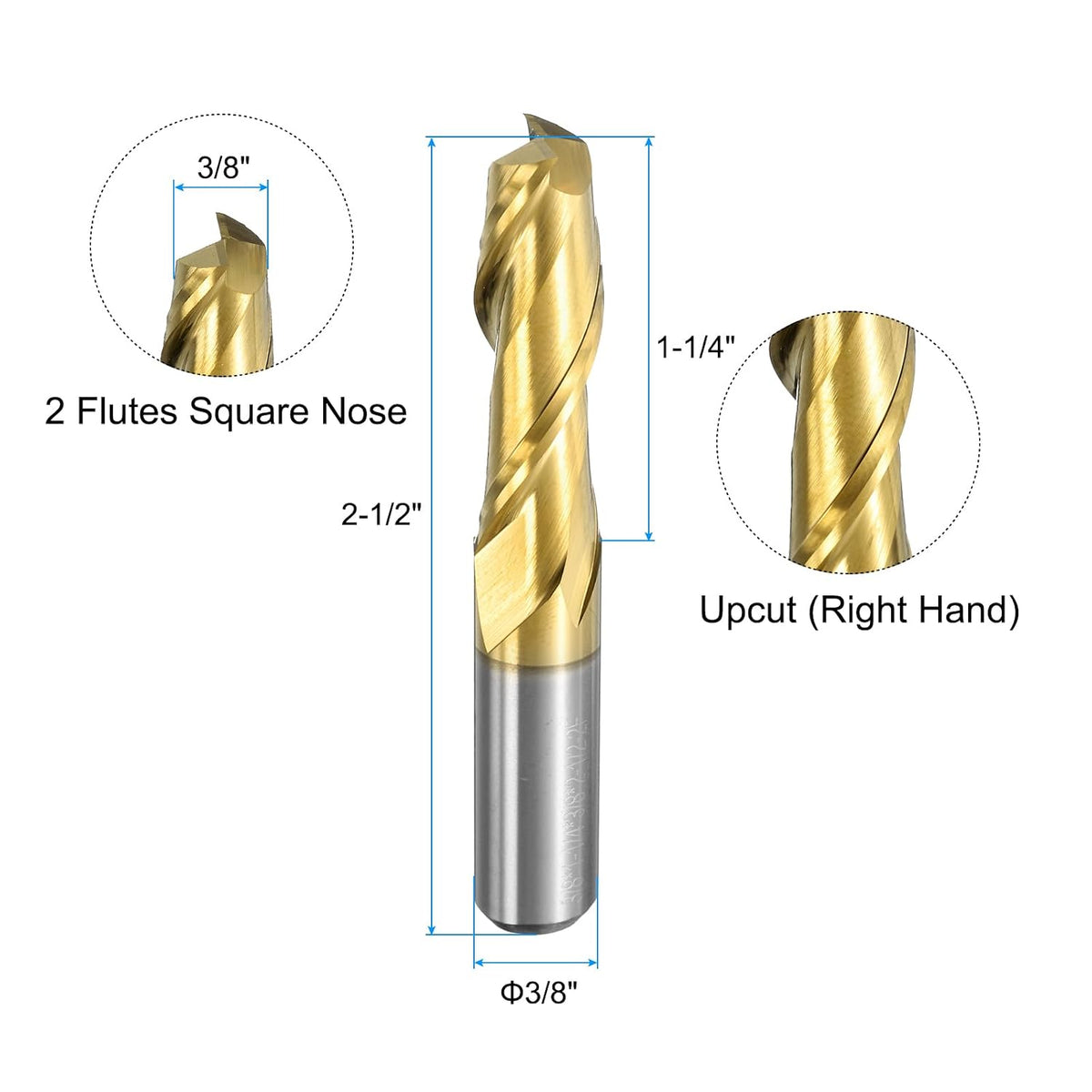 Carbide Square End Mill, 3/8" Dia ZrN Coated 2 Flutes Milling Bit Cutter, for Aluminum Copper Non-Ferrous Alloy Metal, 3/8" Shank 1-1/4" Cut Length 2-1/2" Long
