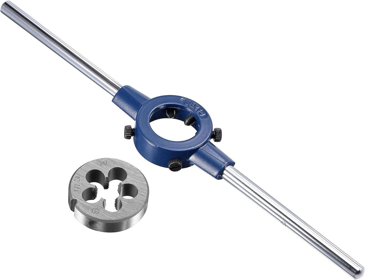 Round Die Stock Handle Wrench Set, 1/2-20 UNF Threading Die and 38mm (1-1/2") Die Holder (Fits: 26mm-38mm OD Die / M12-M16 Thread Die) Adjustable for Bolt Thread Repair