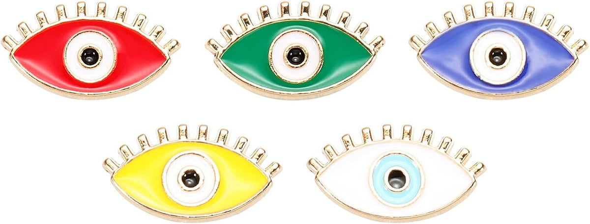 5Pcs Enamel Evil Eye Beads, 18 x 10mm Eye Shaped Flat Loose Spacer Beads Metal Gold Filled Enamel Charm for Bracelet Necklace Earrings Keychain DIY Craft Making, Multicolor