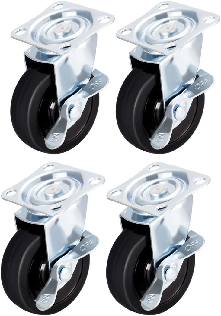 Swivel Caster Wheels with Brake 3" Rubber with 360 Degree Top Plate 110LBS Capacity for Furniture Carts Workbench, Black, Pack of 4