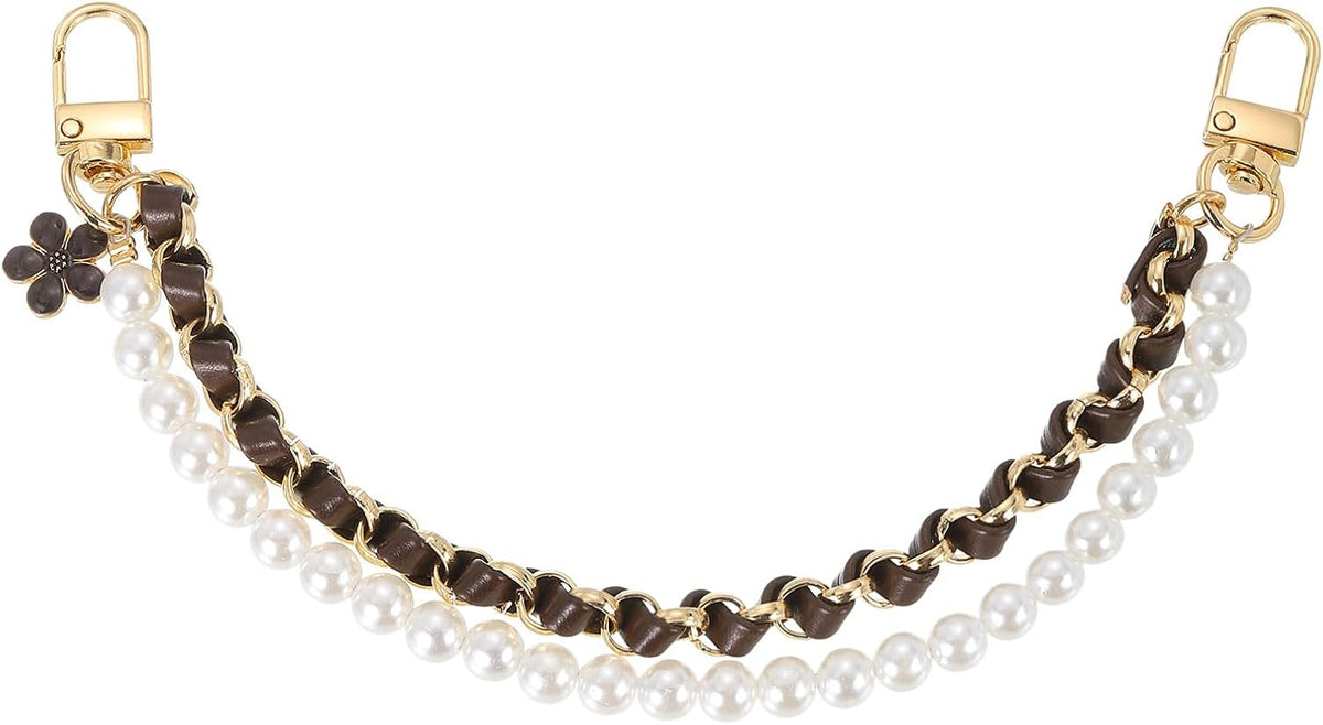 10.2'' Pearl Purse Double Chain, Metal Purse Extender Chain, PU Leather Handle Replace Chain, Purse Handles Chain Wrist for Handbag, Mobile Case(Coffee, Gold Chain)