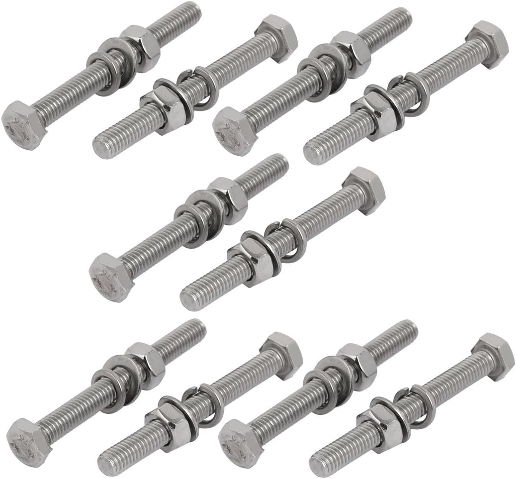 10pcs 304 Stainless Steel M6x60mm Hex Bolts w Nuts and Washers Assortment Kit