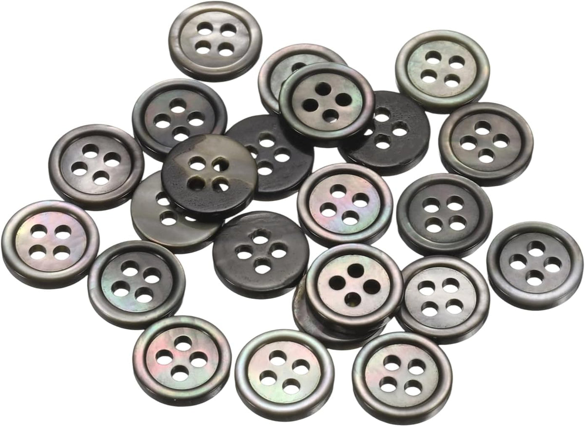 25Pcs Natural Shell Button, 4 Hole 10mm Mother of Pearl Buttons for Shirt Coats Suits Jacket Jeans Skirts DIY Sewing Crafts, Black/Silver