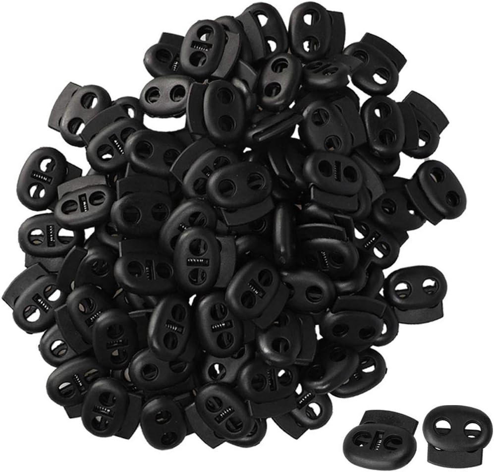 LinkMejor 100pcs Plastic Spring Cord Locks Stopper Double Hole Toggle Fastener Rope End for Drawstring Clothes, Shoelaces, Bags, Tie-Downs, Black