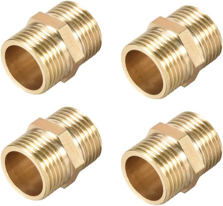 Brass Pipe Fitting Connector Straight HeX Nipple Coupler 3/8 x 3/8 G Male Thread Hose Fittings Gold Tone 4pcs