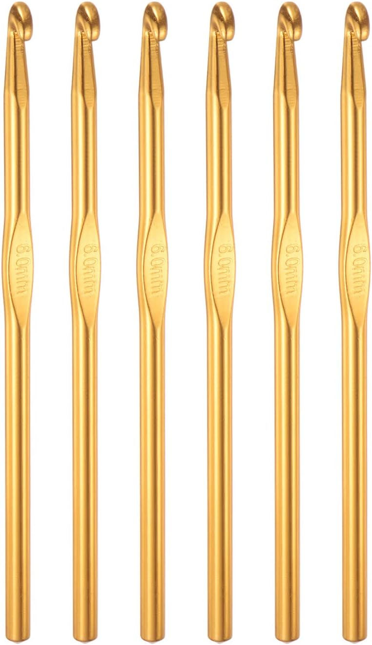 Aluminum Crochet Hook 6mm US Size J (Size 10) Knitting Needles for DIY Craft Yarn Gold Tone 6Pcs