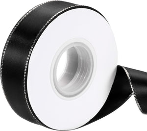 Satin Ribbon with Gold Edge, 1 Inch x 25 Yards Double Face Polyester Satin Ribbon for Gift Wrapping, Flower Bouquet, Crafts, Wedding Party Decorations, Bow Making, Black