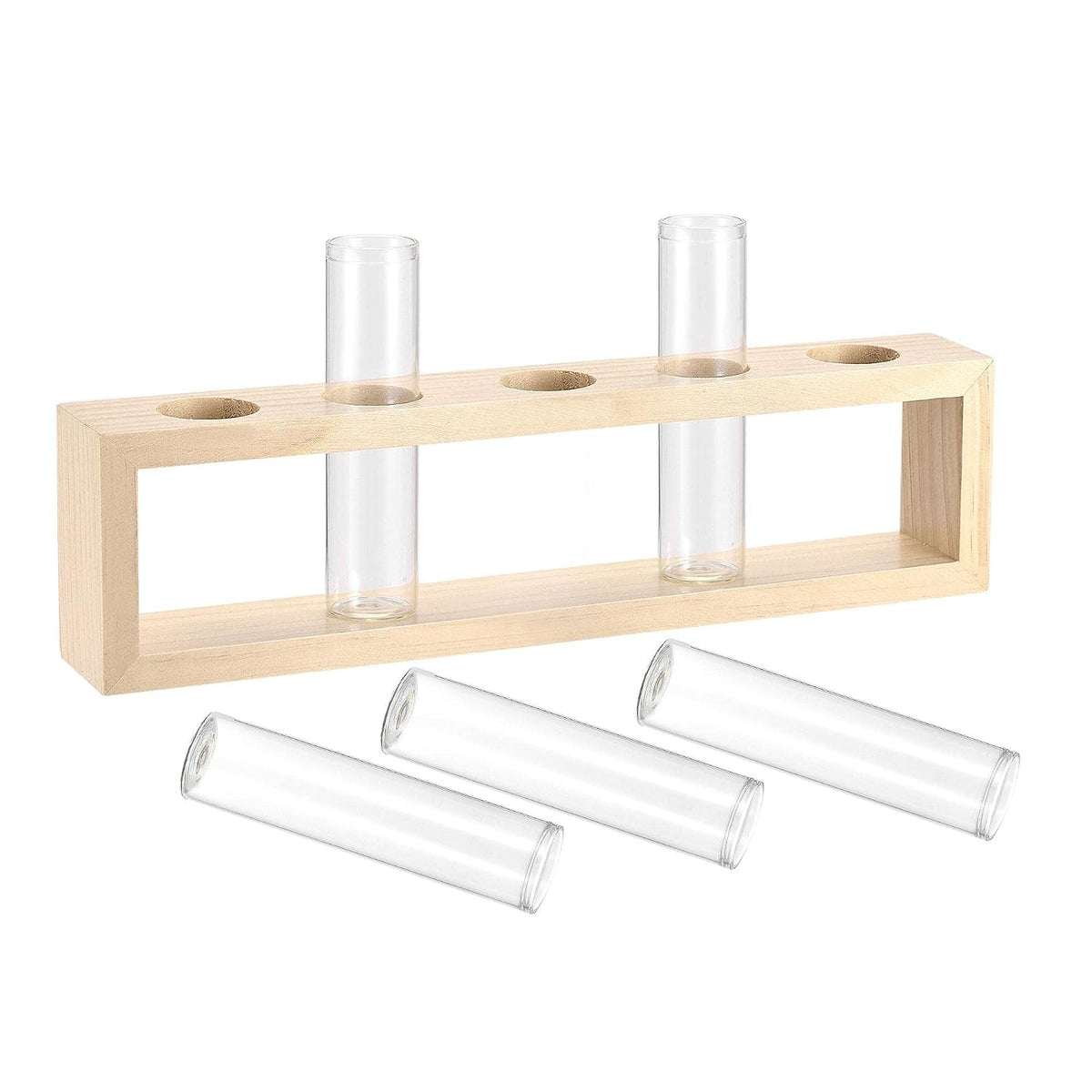 5Pcs Glass Test Tubes with 5-Wells Wooden Tube Rack, Flat Base, 30x119mm, Storage Container for Scientific Experiments Sample Display Decorations