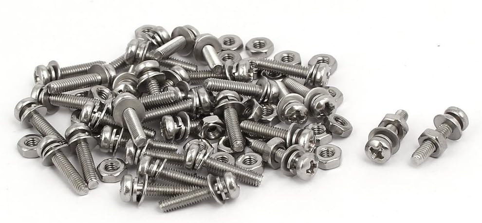 M2.5x12mm 304 Stainless Steel Phillips Pan Head Bolt Screw Nut w Washer 35 Sets