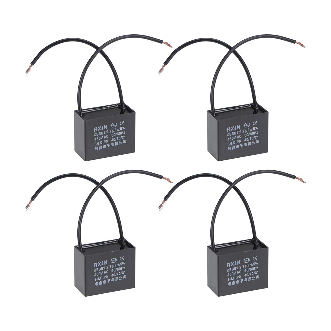 Ceiling Fan Capacitor CBB61 2.7uF 450V AC 2 Wires Metalized Polypropylene Film Capacitors 38x16x30mm for Water Pump Motor Generator, Pack of 4