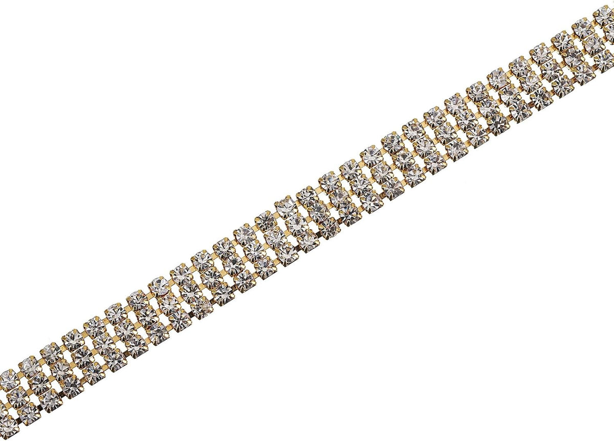 2 Yards 3 Rows 3mm Rhinestone Chain, 9mm Bling Crystal Close Claw Chain Trim for DIY Jewelry, Clothing, Bags, Shoe Decoration (Golden, White)