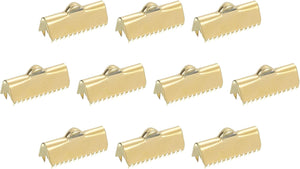 25Pcs Ribbon End Crimp Clamps, 20mm Pinch Cord End Clasps Stainless Steel Curled Bead Clasp for Ribbon Lace Bookmark Ends Keychain DIY Making, Gold