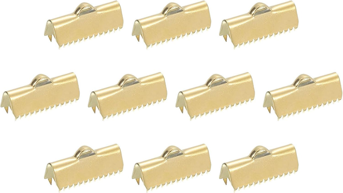 LinkMejor 20Pcs Ribbon End Crimp Clamps, 20mm Pinch Cord End Clasps Stainless Steel Curled Bead Clasp for Ribbon Lace Bookmark Ends Keychain DIY Making, Gold