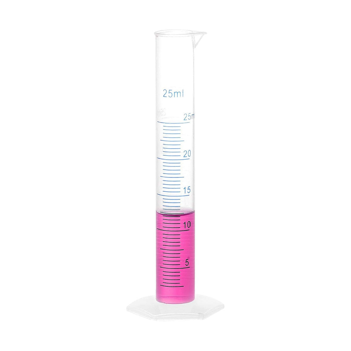 Plastic Graduated Cylinder, 25ml Measuring Cylinder, Science Test Tube Beakers, 2-Sided Metric Marking, Clear Hex Base for Lab Home