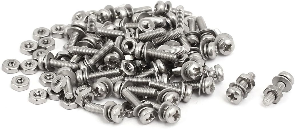 M2.5x10mm 304 Stainless Steel Phillips Pan Head Bolt Screw Nut w Washer 45 Sets