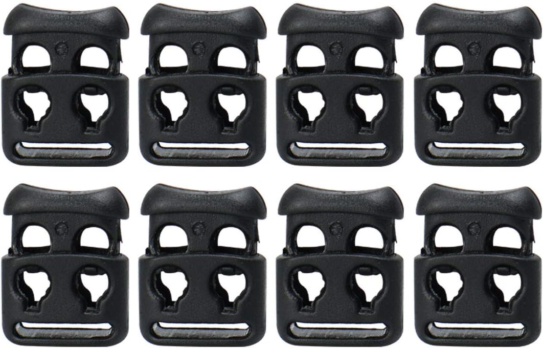 LinkMejor 8pcs Plastic Cord Locks Stopper End Spring Stop Double Hole Toggle Cup Shape Fastener Stopper Rope End for Drawstrings Clothing, Shoelaces, Camping, Bag, Black