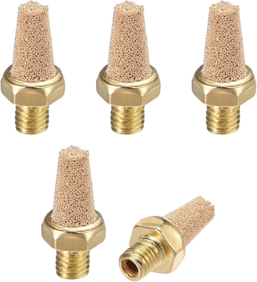 Brass Exhaust Muffler, M5 Male Thread 5/16" Hex Sintered Air Pneumatic Bronze Muffler with Brass Body Protruding 5pcs