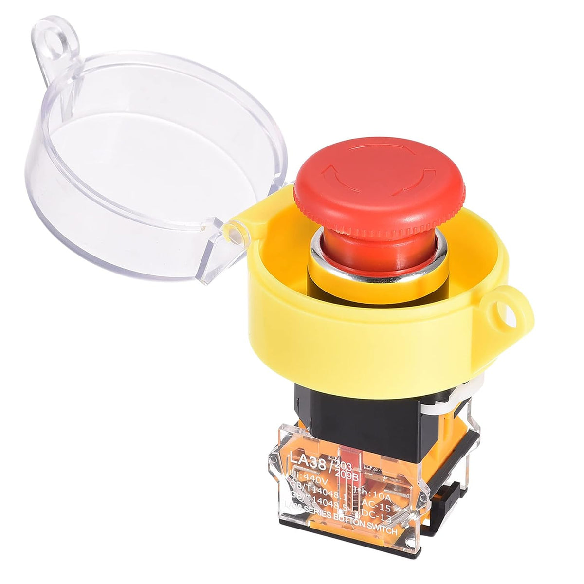 22mm Mounting Latching Emergency Stop Push Button Switch with Protective Cover, 60mm Emergency Stop Sign 1NO 1NC