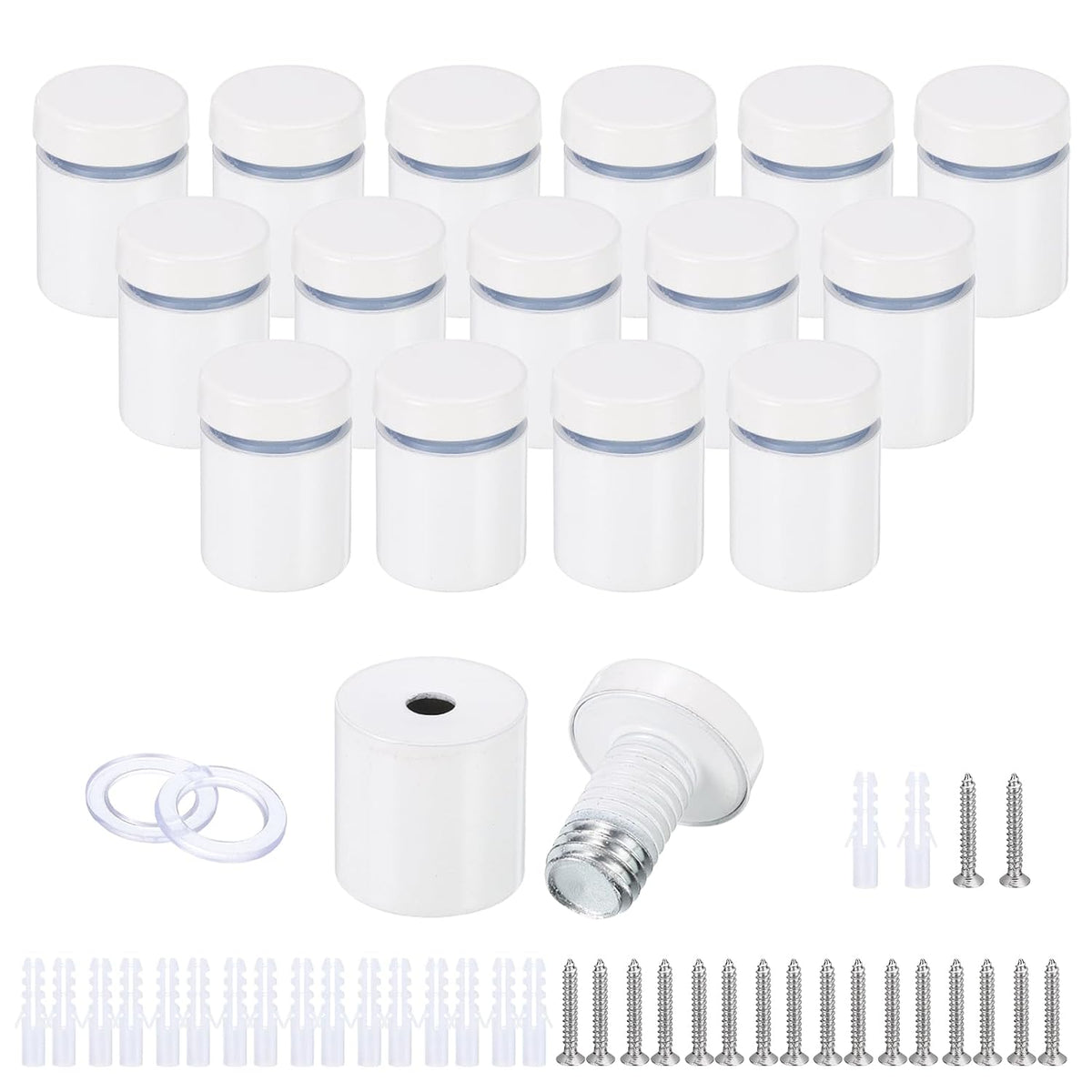 16 Pcs 3/4"x1-1/16" Standoff Screws, Stainless Steel Bathroom Mirror Wall Mounting Hardware Kit with Screws & Anchors for Acrylic Glass Sign Advertising Picture Frame, White