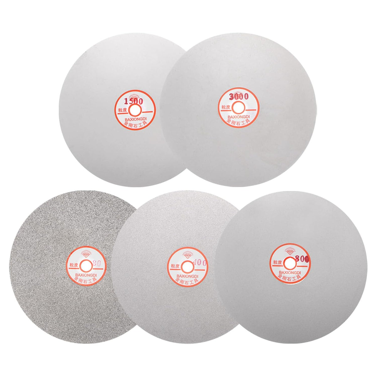 5pcs Diamond Sanding Grinding Disc Set, 8-Inch (200mm) Grit 80/400/800/1500/3000 1/2" Arbor Hole, Flat Lap Wheel Polishing Discs for Gemstone Tile Glass Stone Metal