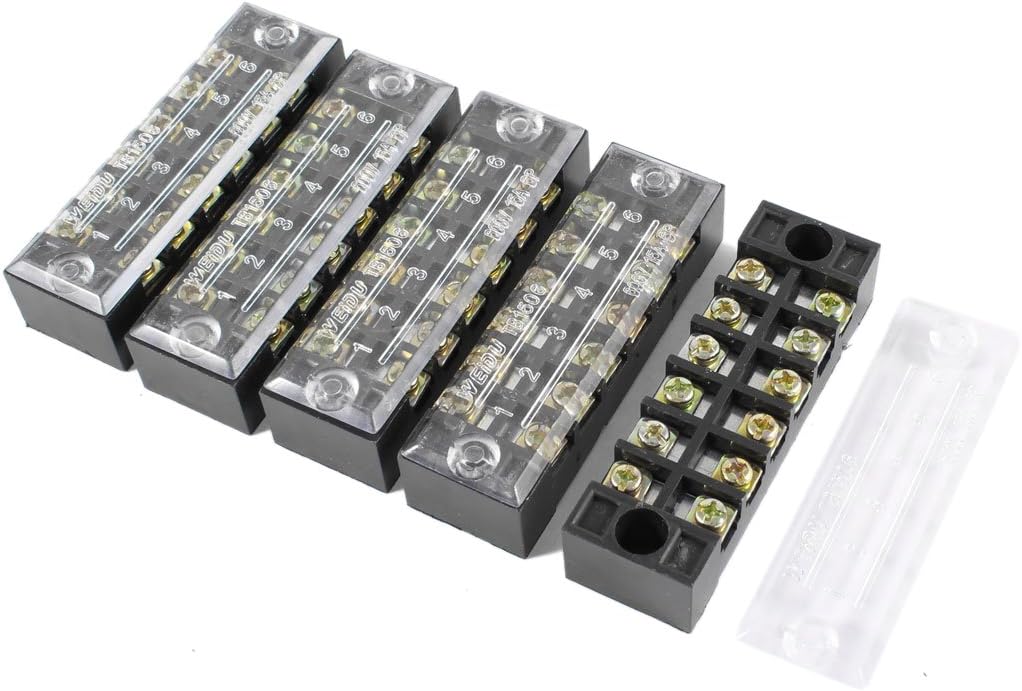 5 Pcs 600V 15A 6 Positions 2 Rows Barrier Screw Terminal Block Strip w Cover