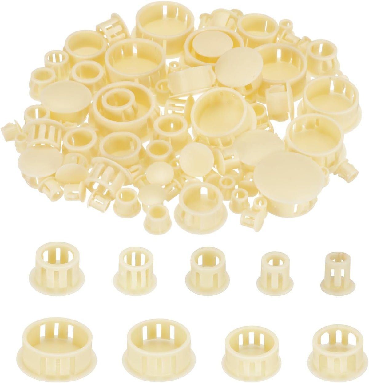 190pcs Nylon Plastic Hole Plugs, 9 Size 1/5" 2/7" 2/5" 1/2" 3/5" 5/7" 8/9" 1" Round Drill Screw Hole Plugs Covers Knockout Locking Plastic Plugs Insert End Caps, Beige