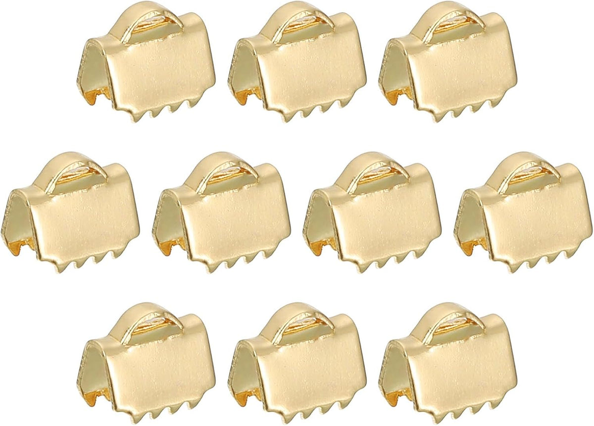 LinkMejor 30Pcs Ribbon End Crimp Clamps, 6.5mm Pinch Cord End Clasps Stainless Steel Curled Bead Clasp for Ribbon Lace Bookmark Ends Keychain DIY Making, Gold