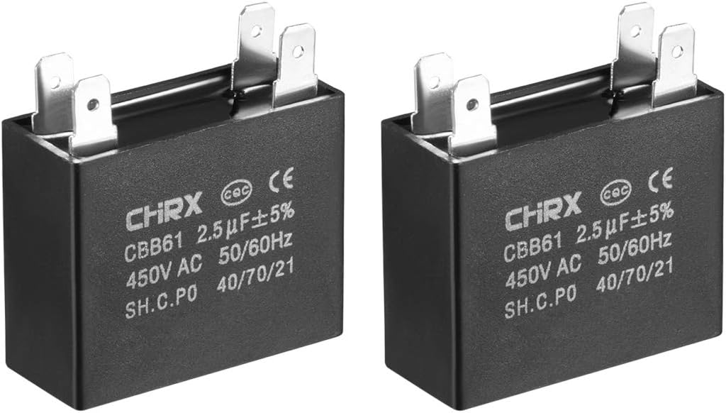 Ceiling Fan Capacitor CBB61 2.5uF 450V AC Double Insert Metalized Polypropylene Film Capacitors 36.5x16x29.5mm for Water Pump Motor Generator, Pack of 2