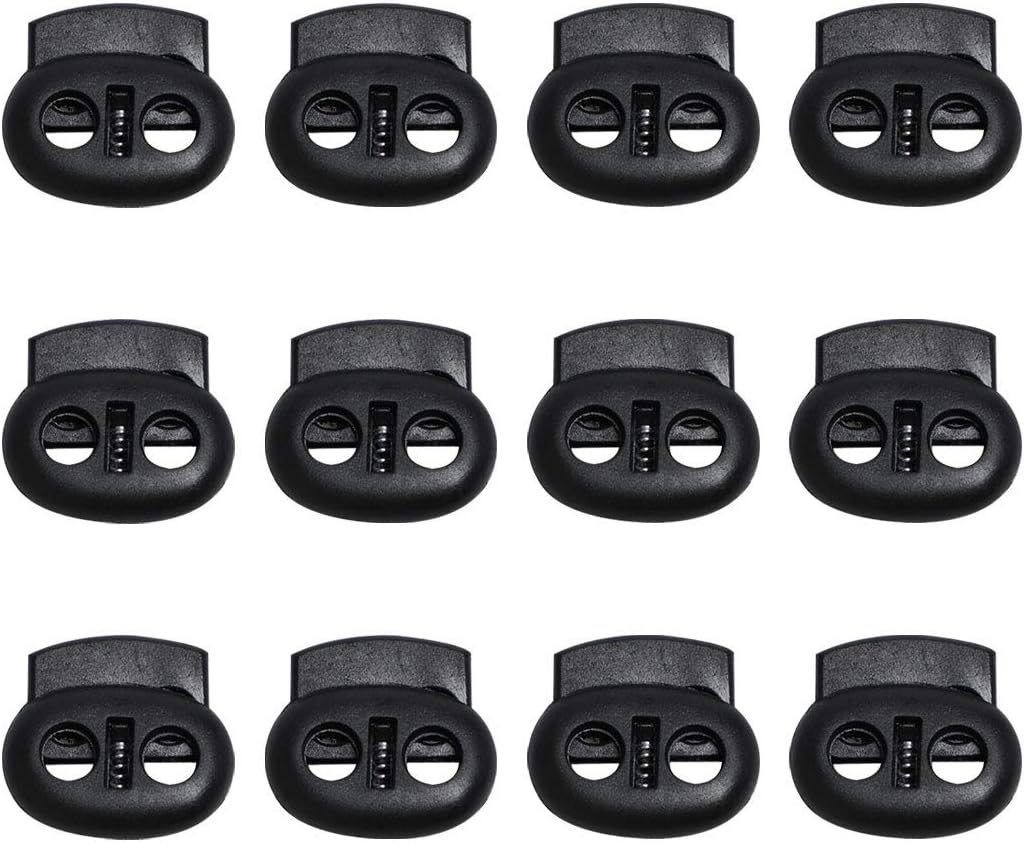 LinkMejor 12 Pcs Plastic Cord Locks Spring Stopper Double Hole Toggle Fastener Stopper Rope End for Drawstrings Clothing, Shoelaces, 17 x 16 x 6mm Black