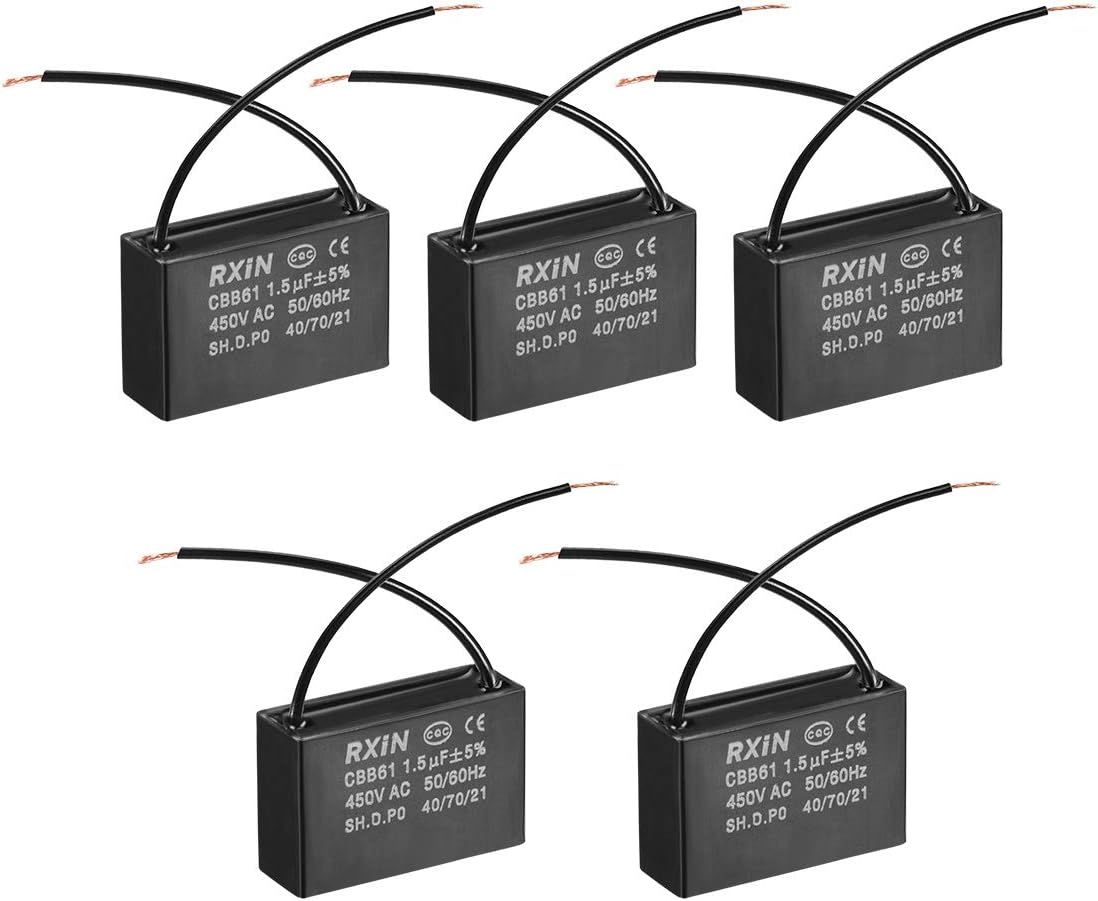 Ceiling Fan Capacitor CBB61 1.5uF 450V AC 2 Wires Metalized Polypropylene Film Capacitors 37x23.5x12.6mm for Water Pump Motor Generator, Pack of 5