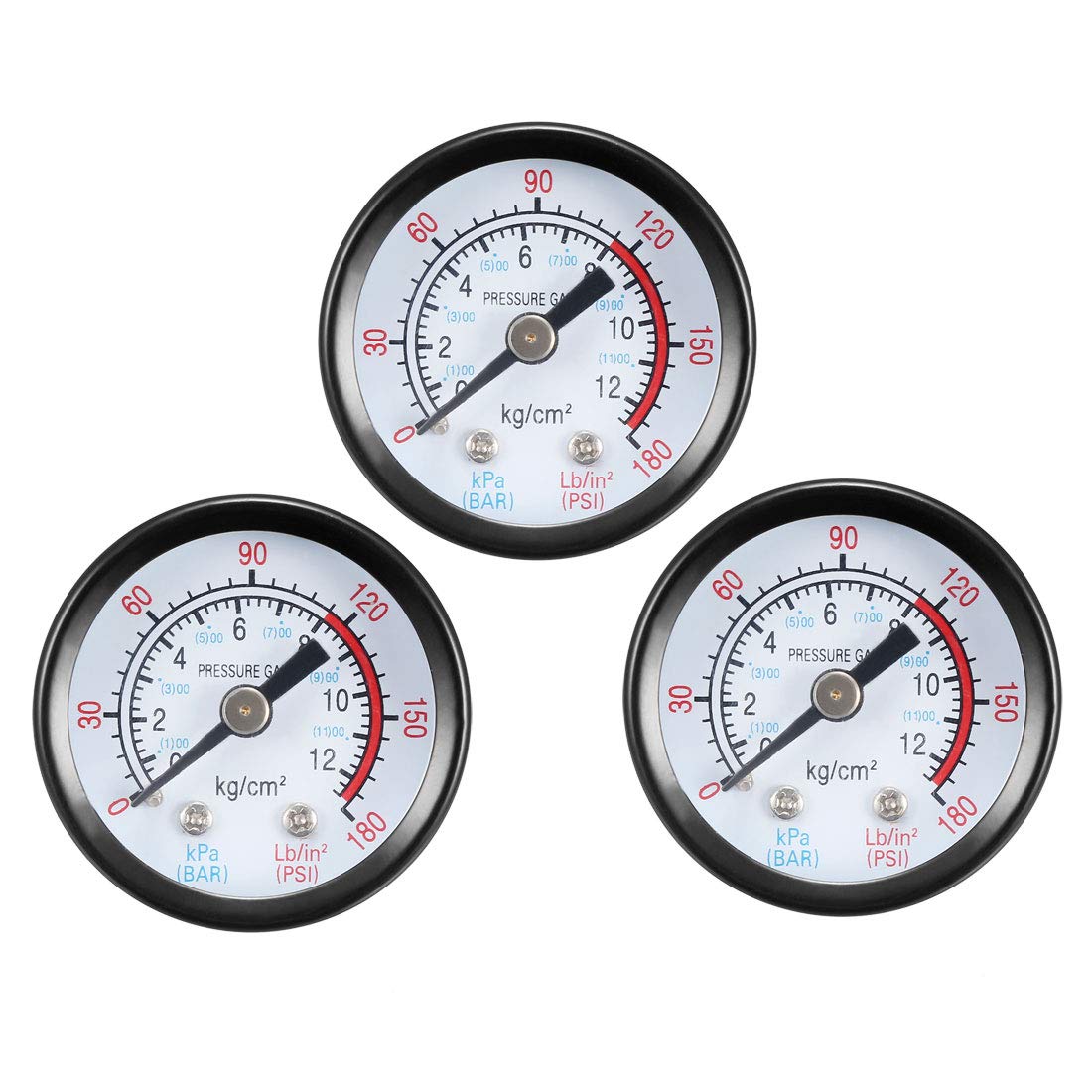 Back Mount Pressure Gauge, 0-180 psi/kPa Dual Scale, 1-25/64" Dial Display, 1/8" NPT Male for Air Compressor Water Oil Gas 3pcs