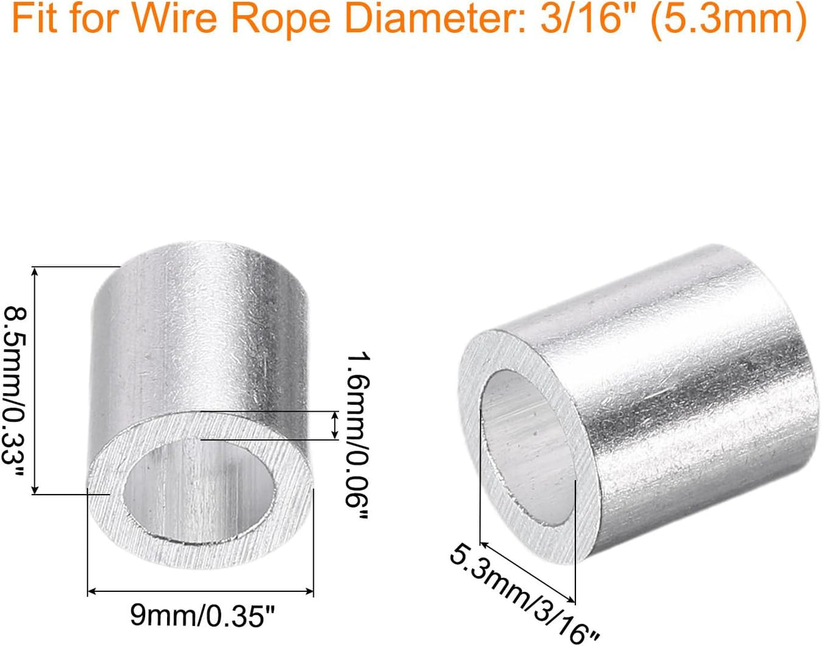 60 Pcs Aluminum Crimping Loop Sleeves for 3/16" Diameter Wire Rope, Round Aluminum Wire Rope Sleeve for Cable Line End