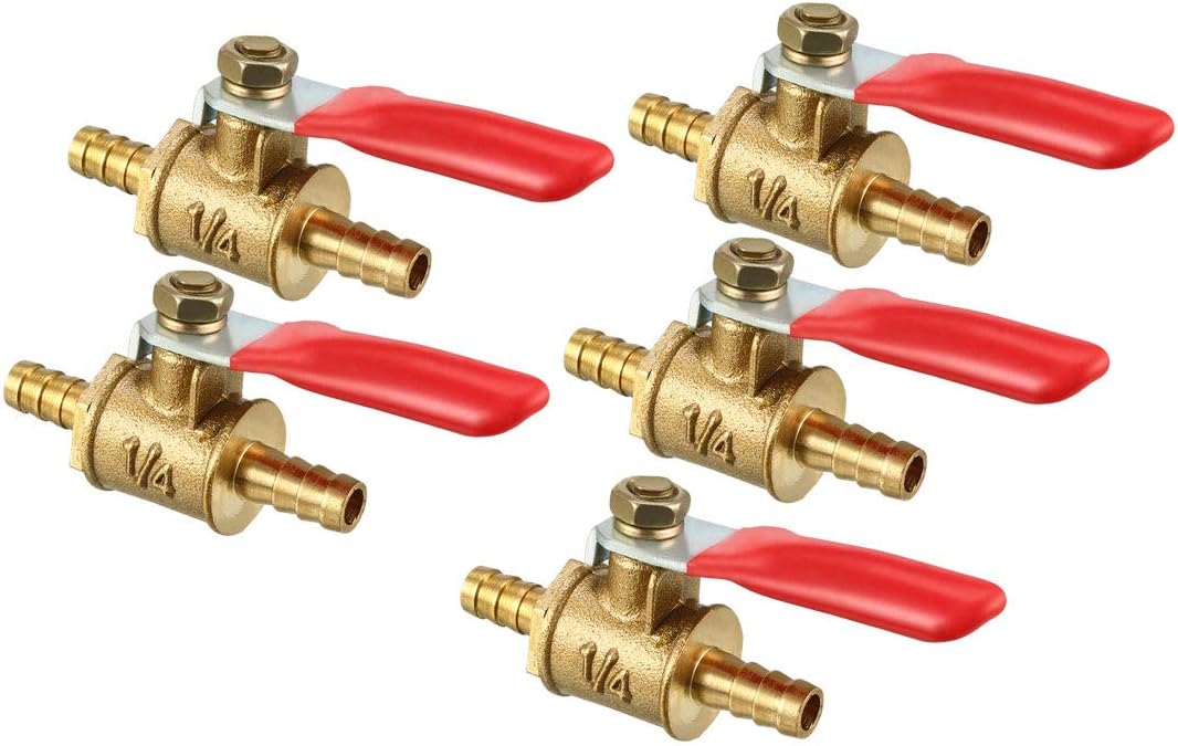 6mm Brass Barb x Barb Mini Ball Valve, 180 Degree Operation Handle 5 Pcs