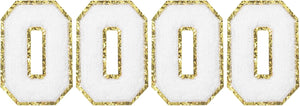 4pcs Glitters Number Patches 8.4cm / 3.3" Chenille Embroidery Numbers Iron-On Patches for Team Uniform Sports T-Shirt, Hats, Bags (White, 0)