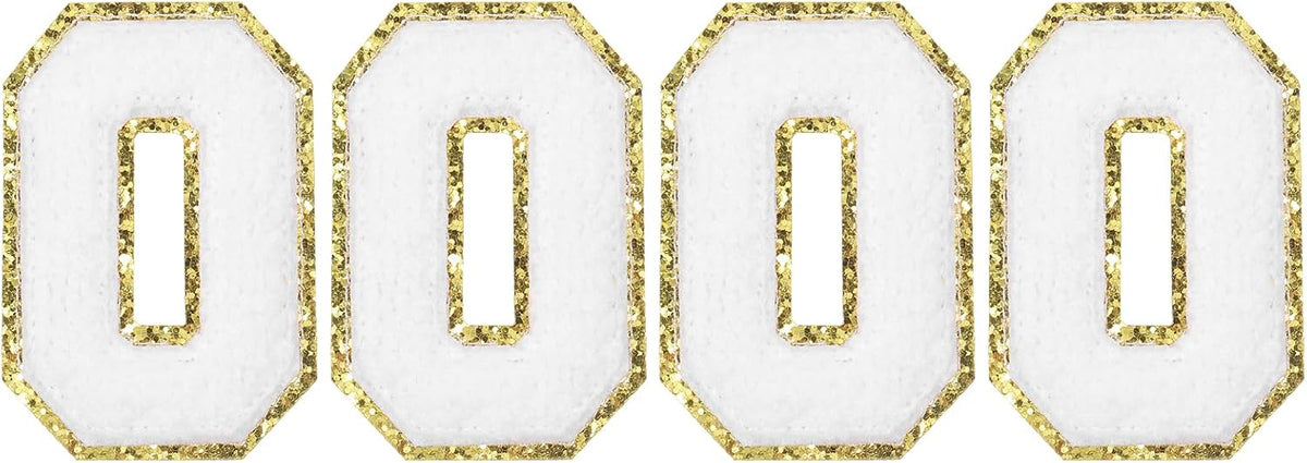 4pcs Glitters Number Patches 8.4cm / 3.3" Chenille Embroidery Numbers Iron-On Patches for Team Uniform Sports T-Shirt, Hats, Bags (White, 0)