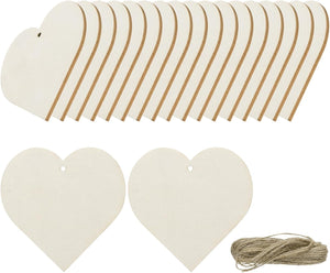 20pcs Heart Blank Wood Tags with Hole 4 x 4 Inch Unfinished Wood Pieces Wooden Gift Tags with 32.8 Ft Rope for Craft Projects, Hanging Decorations, Gift Making