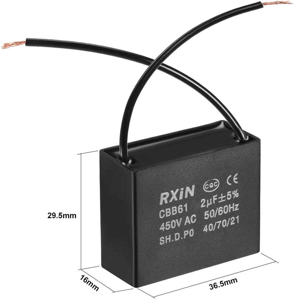 Ceiling Fan Capacitor CBB61 2uF 450V AC 2 Wires Metalized Polypropylene Film Capacitors 36.5x16x29.5mm for Water Pump Motor Generator, Pack of 10