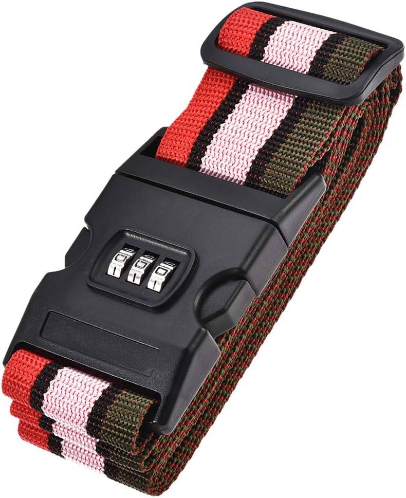 Luggage Strap Suitcase Belt with Buckle, Combination Lock, 2Mx5cm Adjustable PP Travel Bag Packing Accessory, Multi Color (Red Pink Dark Green)