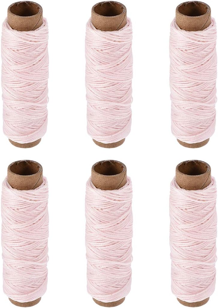 LinkMejor Leather Sewing Thread 33 Yards 150D/1mm Polyester Flat Waxed Cord for Hand Stitching Leather Bookbinding,Craft DIY, (Pale Pink, 6pcs)