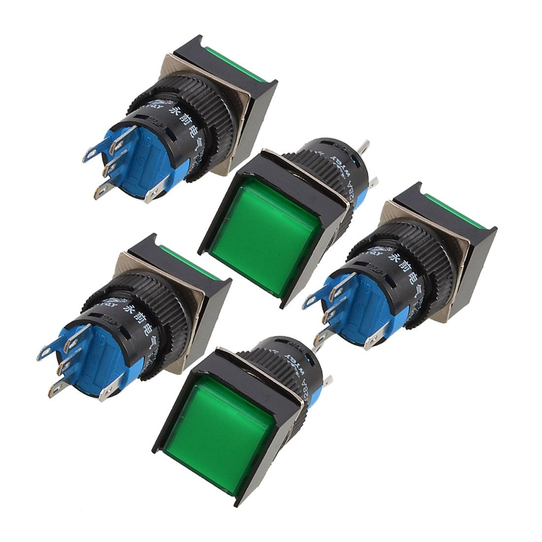 a12062700ux0082 Square Cap 1P2T 5 Pins Push Button Switch, 5 Piece, DC 12V Light, Green