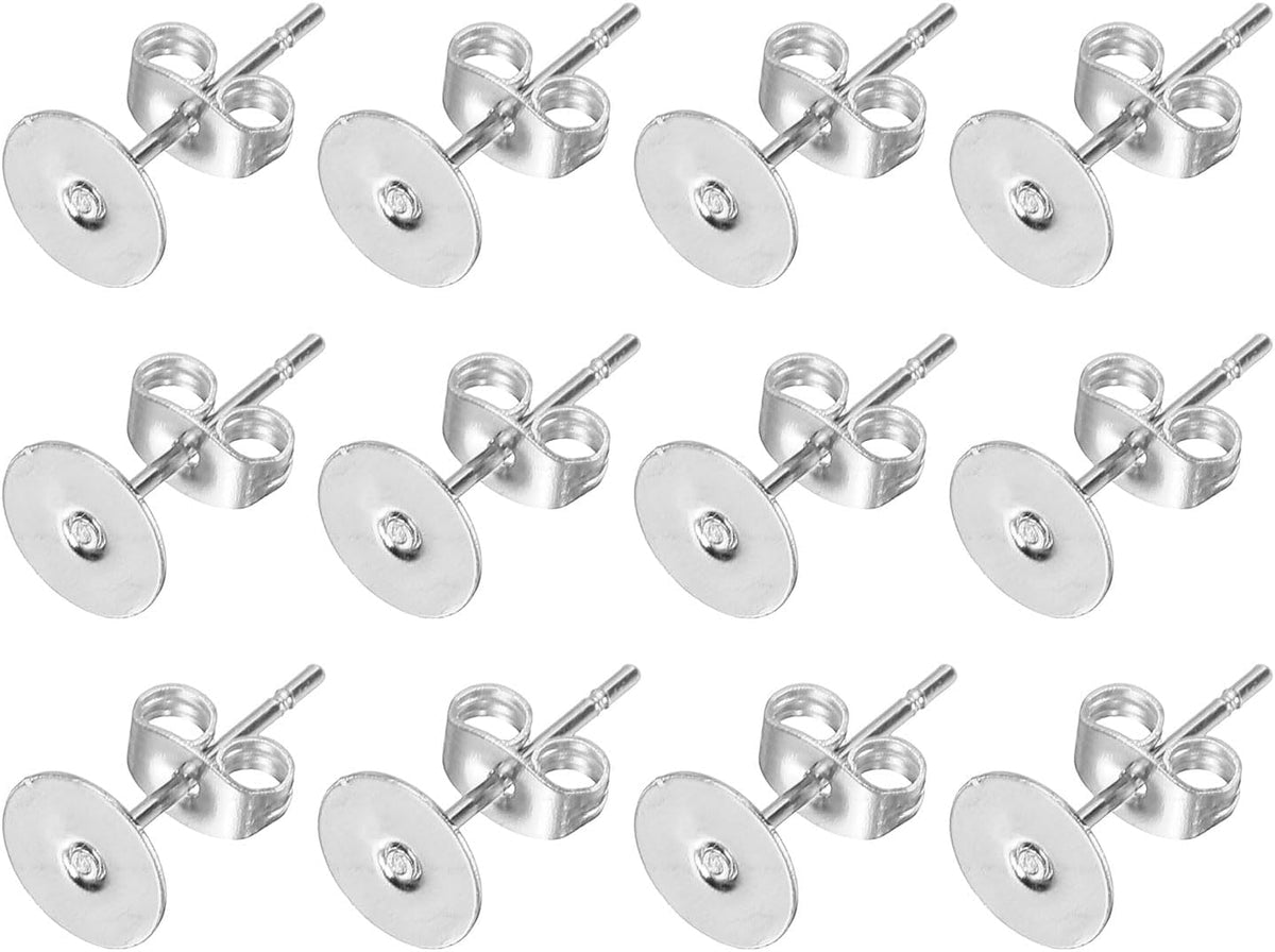 100Pcs Stud Earring Posts, 6mm Stainless Steel Flat Pad Ear Pin with Butterfly Earring Backs for Jewelry DIY Making Findings, Silver