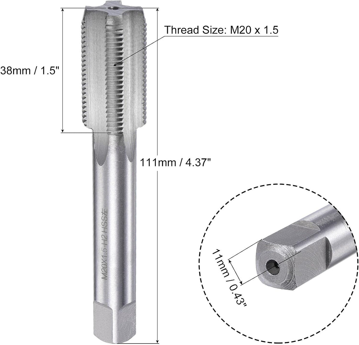 Thread Milling Threading Tap M20 x 1.5, Metric Left Hand Machine HSS (High Speed Steel) 4 Straight Flutes Screw Tap H2 Tapping Machinist Thread Repair Tool