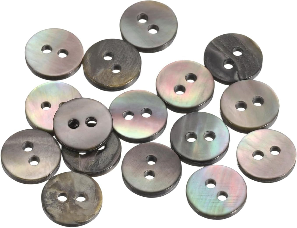 15Pcs Natural Shell Button, 2 Hole 9mm Flat Mother of Pearl Buttons for Shirt Coats Suits Jacket Jeans Skirts DIY Sewing Crafts, Black/Silver